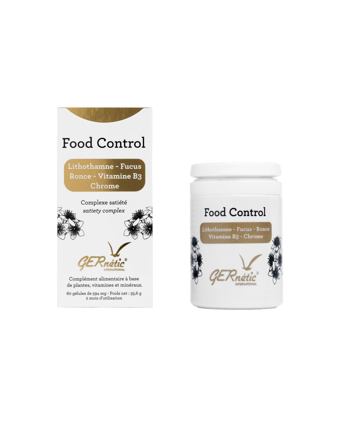 GERnétic International Food Control ravintolisä, pullon etiketti ja kapselit näkyvissä, ravintolisän pakkaus ja sisältö.