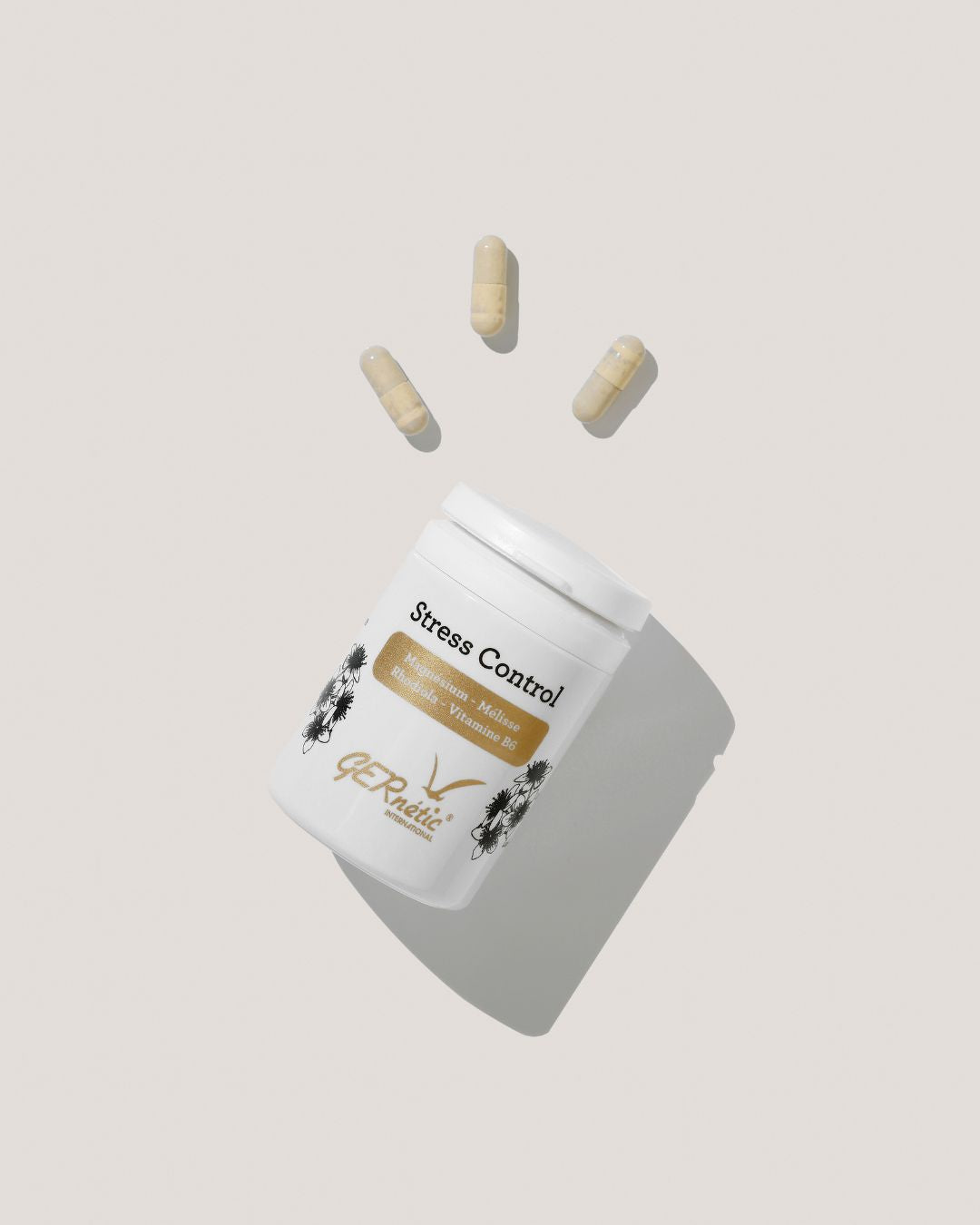 GERnétic International Stress Control -ravintolisän kuva, jossa näkyy pillereitä ja pakkaus.