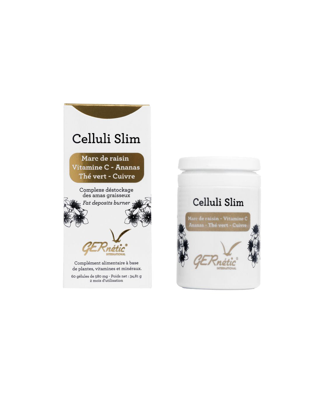 Ravintolisä Celluli Slim GERnétic International, valkoinen purkki ja kapselit näkyvissä, terveyttä ja hyvinvointia tukevana lisänä.