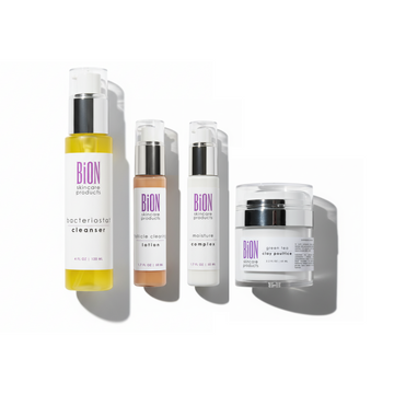 BiON Skincare akne ja ruusufinni hoitotuotepaketti, sisältää tuotteita tulehtuneen aknen ja ruusufinnin hoitoon.
