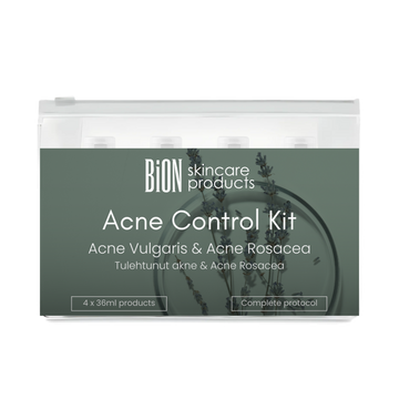 BiON Skincare Acne Control Starter Kit tulehtuneeseen akneen ja ruusufinniin, sisältää tuotteita ihon rauhoittamiseen ja hoitoon