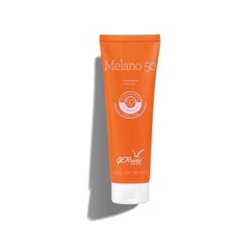 GERnétic Melano 50+ SPF sun protection cream for face and body, with broad-spectrum sun shield in a white tube.