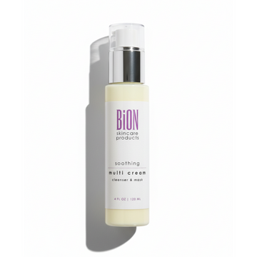 BiON Skincare Soothing Multi Cream puhdistusvoide ja naamio, rauhoittava ja kosteuttava ihonhoitotuote, näytössä.